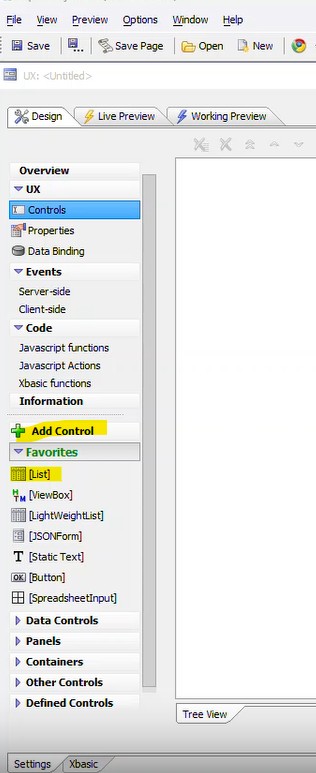 Add a List Control to your UX Component via Add
Control or Favorites.